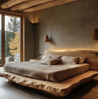 Lit de rangement Queen en bois massif pur, style Wabi-Sabi, structure à mortaise et tenon, idéal pour hôtels et maisons d'hôtes japonais