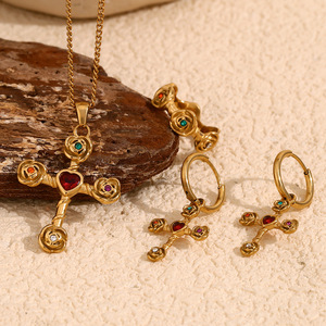 Vintage Color Crystal Cross Retro Rose Stainless Steel Jewelry Set 18K Gold Plated Matching <b>Necklace</b> Earrings <b>Ring</b> For Women - Product Image 4
