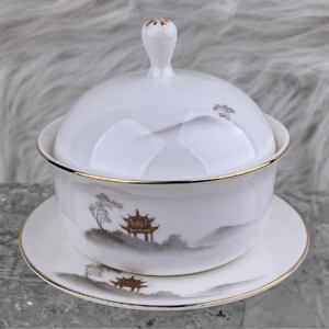 Service de vaisselle en porcelaine blanche avec bord doré, nouveau style chinois, compatible lave-vaisselle, durable, comprenant tasses, bols à soupe, assiettes, plateaux et tasses à thé - Product Image 6