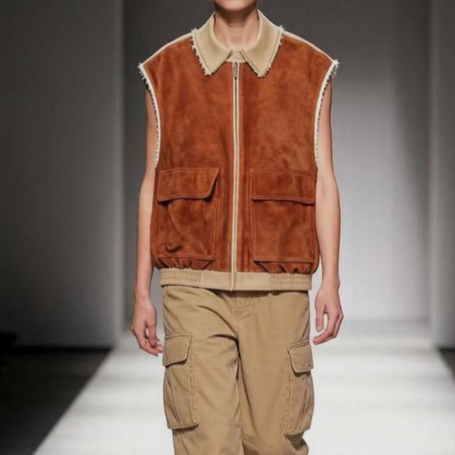 615 New Design Luxury Casual Women's Loose Zip-Up Sleeveless Layering Waistcoat Spliced Suede Sheepskin Vest