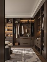 Dressing sur mesure en bois foncé de luxe, armoire italienne moderne avec éclairage LED, système de rangement sur mesure pour toute la maison