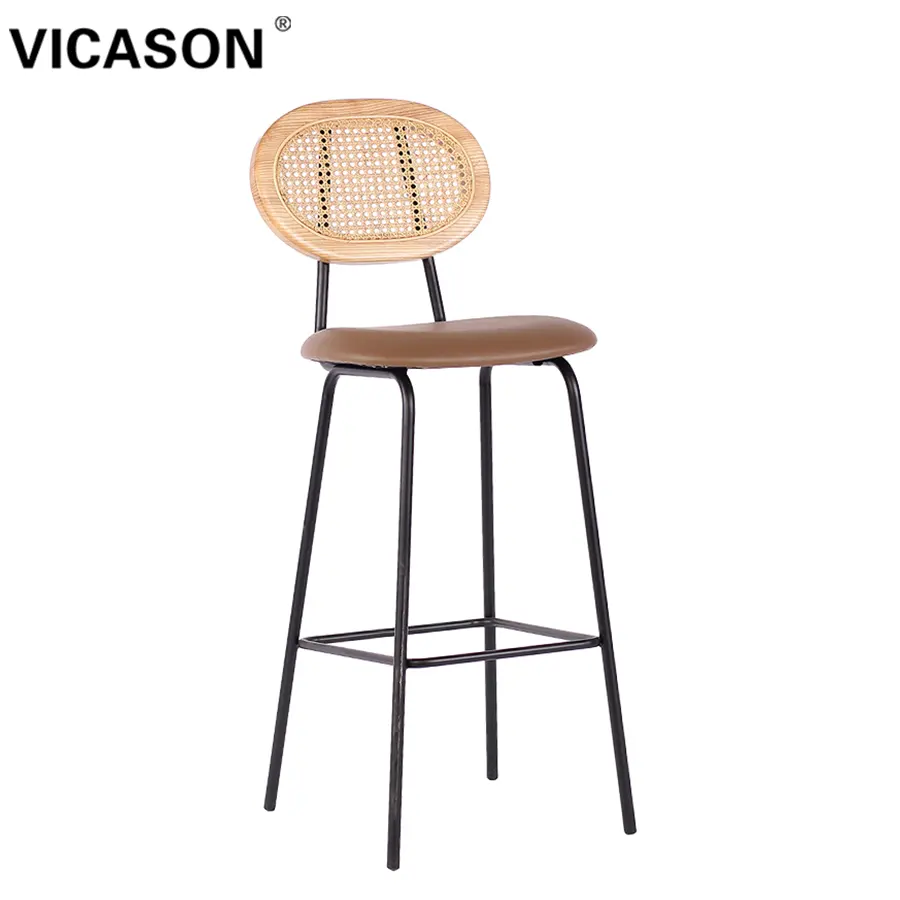 VICASON ขายร้อนไม้สไตล์เดิมบ้านโต๊ะเกาะห้องครัวไม้เนื้อแข็งหนังไมโครไฟเบอร์หวายหัตถกรรมเก้าอี้บาร์