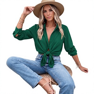 Blusa Elegante de Satén Verde, Sencilla, Transpirable, con Botones y Cuello Camisero, Manga Larga para Mujer, Ropa Casual de Oficina - Product Image 5