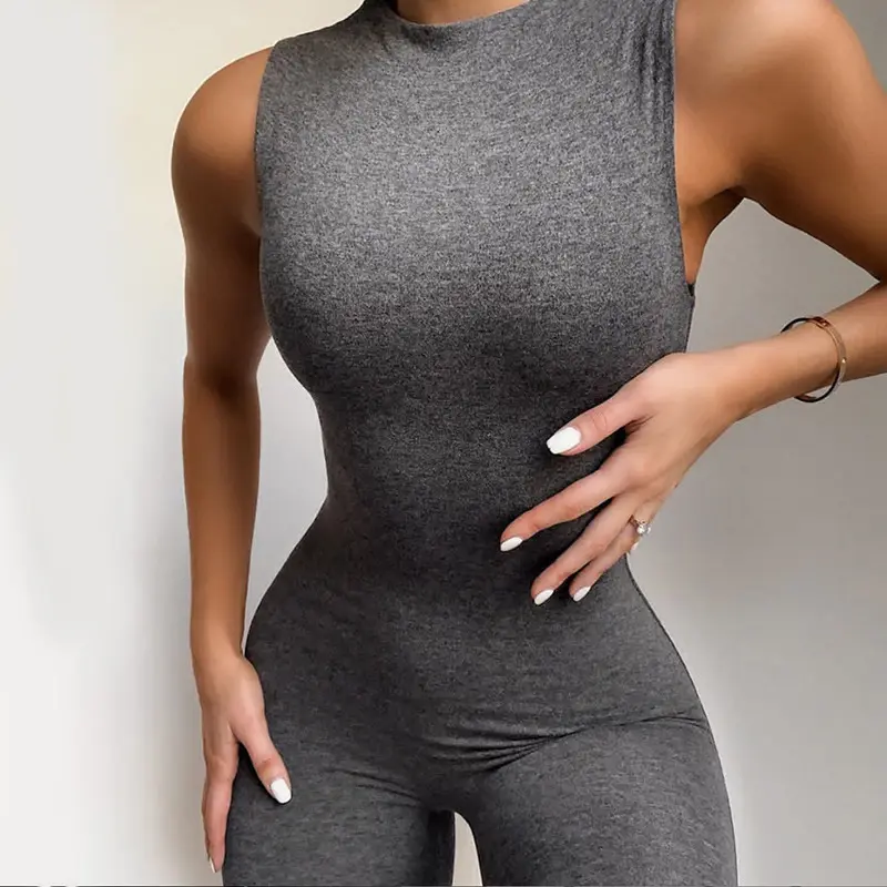 Hot 2022 Summer New Sleeveless Solid Color Sports Bodycon Bodysuits Custom Logo Women One Piece Workout Jumpsuits And Rompers