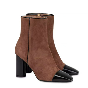 Handmade Women's High <b>Round</b> Chunky <b>Heels</b> Shoes Suede Patchwork Ankle Boots Side Zipper Square <b>Toe</b> Short Boots - Product Image 4