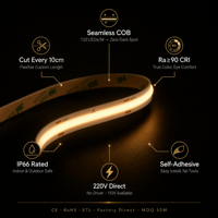 Tira de Luz LED COB 220V IP66 Impermeable 120LEDs/M Ra≥90 Sin Puntos Oscuros Cortable Cada 10cm Luz de Nube DIY Personalizable OEM 50-100M