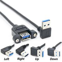 Câble de rallonge USB 3.0 type A mâle à femelle avec vis de verrouillage pour montage sur panneau, angle de 90 degrés, 5Gbps, vente en gros