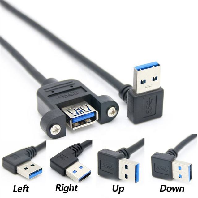 Wholesales Panel Mount 5Gbps Angle 90 Degree Elbow USB 3.0 Type a Male to Female Extension Cable With Ears Screws Locking
