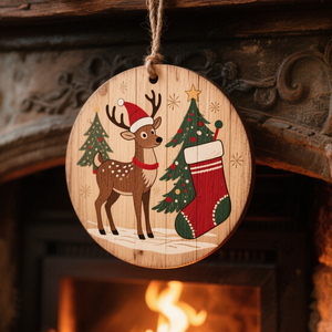Décorations de Noël en bois rondes, découpées à la main, représentant Père Noël, rennes et gnomes, style art populaire, à suspendre au mur - Product Image 5