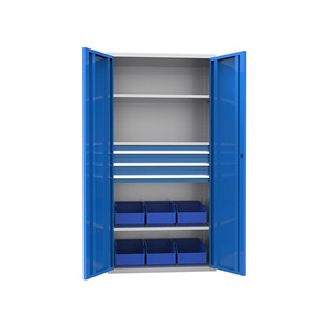 Armadio Moderno in Metallo a <span class=keywords><strong>Doppia</strong></span> <span class=keywords><strong>Anta</strong></span> per Utensili con Design a Pannelli, Ripiani Fissi Multi-Strato Resistenti e 2 Cassetti per Uso in Officina - Product Image 5