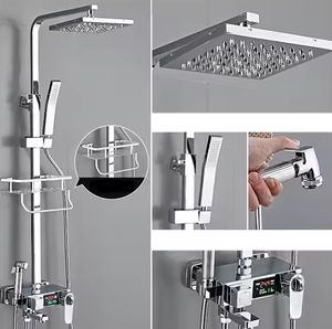 Ensemble de douche en laiton chromé poli <span class=keywords><strong>avec</strong></span> affichage numérique, robinets thermostatiques multifonctionnels, système de douche à effet pluie constant pour hôtels - Product Image 3