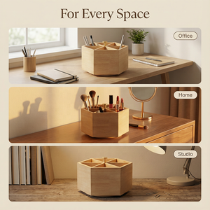 Organizador de Lápices Giratorio Geométrico Multifacético OEM/ODM, Portalápices Hexagonal de Madera de Caucho con Múltiples Compartimentos - Product Image 5