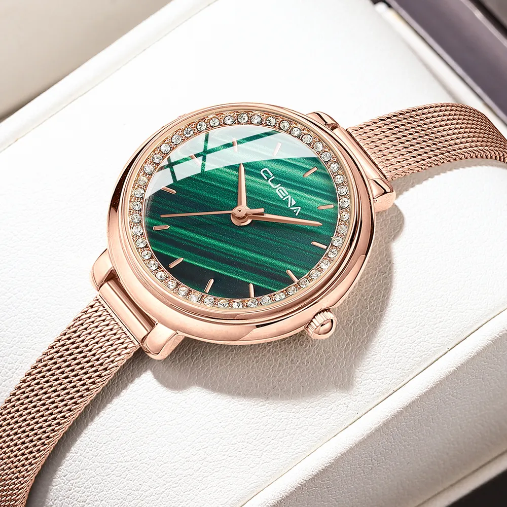 CURREN 6031 Original Factory Fashion Dress Rose Gold Mesh Band Green Dial Quartz Bracelet Women Watch