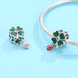 S925 Sterling Silver Green Enamel Clover Bead <b>Red</b> Ladybug Dangle Charm Center CZ Fit Snake Chain <b>Bracelet</b> Women Lucky Gift - Product Image 2