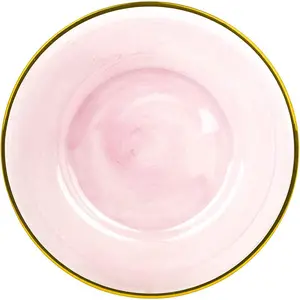 Set of 4 Wholesale Bulk Light Pink Blue Glass Charger Plates Dinner Plates with Gold Rim