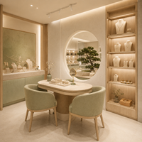 Solution de vitrine en bois naturel pour magasin de bijoux, design japonais Zen, écologique, durable, avec îlot d'exposition de bonsaïs et éclairage LED