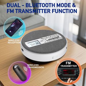 Lecteur CD portable en tissu blanc rond avec batterie 1500 mAh, double récepteur et émetteur Bluetooth, radio FM, USB, AUX, répétition A-B, son variable - Product Image 5