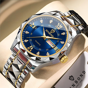 Binbond Men's Quartz Watch Blue Dial Stainless Steel Band Waterproof Luminous Date Week Display Business Analog Watch - Product Image 1