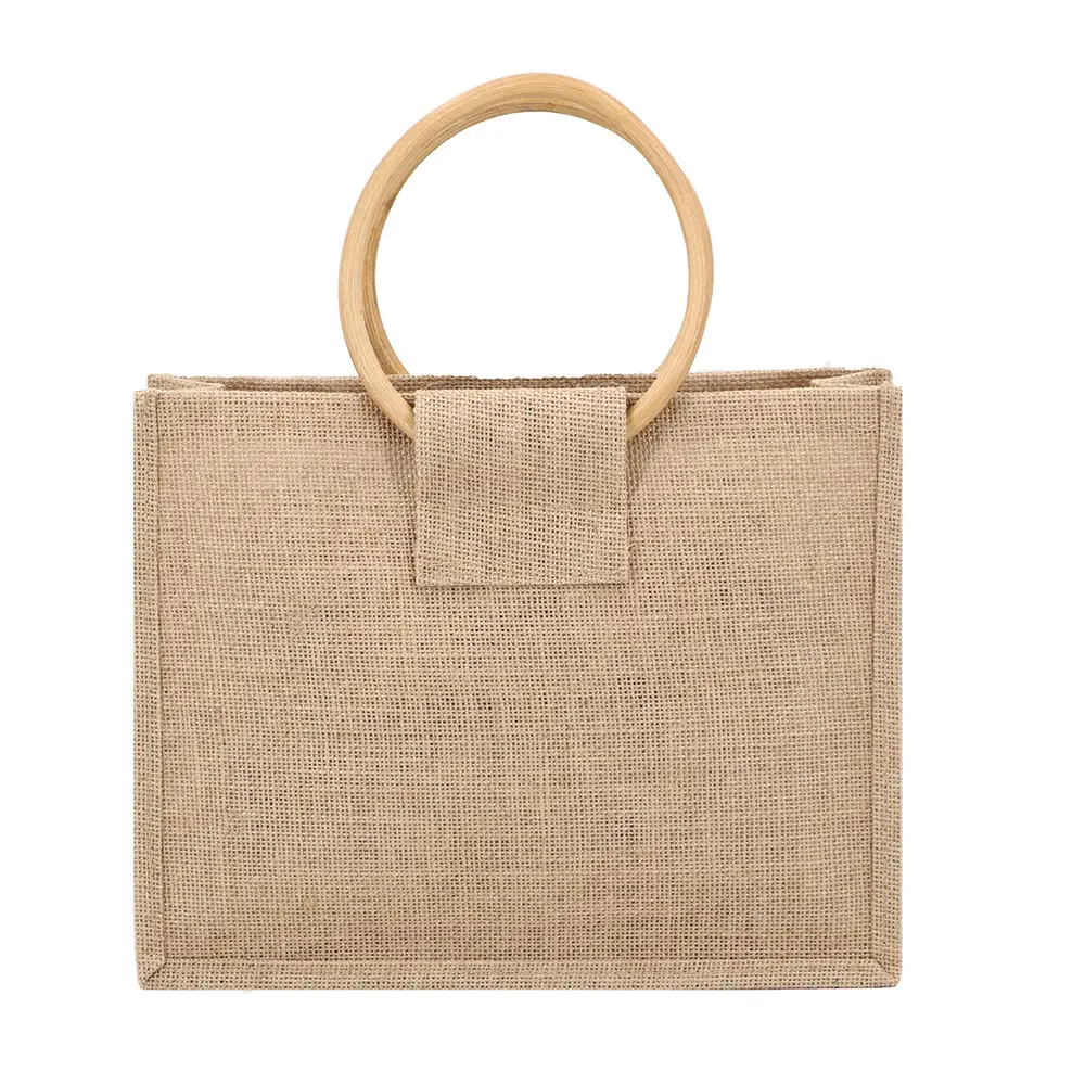 Vintage Casual Square Jute Burlap Tote Bag With Bamboo Round Handles Handbag Reusable Bags For Grocery Jute Beach Shopping Bag