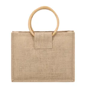 复古休闲方形黄麻大麻布手提袋带竹制圆形提手手提包可重复使用的袋子，用于杂货黄麻海滩购物袋