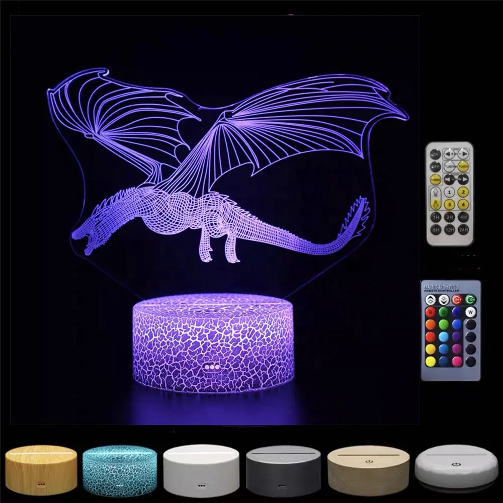 Lovely Animal Gift Toy Crackle LED Table Night Light 16 Color Changing Acrylic Light Dinosaur 3D Optical Illusion Lamp