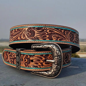 Cinturón Vaquero de Cuero Repujado de Primera Calidad, Accesorios de Moda con Diseños Tradicionales del Oeste y Hebilla de Metal Vintage - Product Image 1