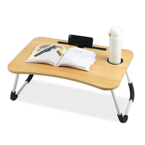 KingGear Home Office Camping Wooden Folding Bed table Adjustable Portable Laptop Table Adjustable Bed Desk Wooden Foldable Table