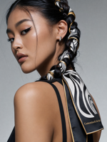 Écharpe en soie de luxe personnalisée pour femme, fine, longue et étroite, utilisable comme ruban pour cheveux, breloque de sac ou foulard pour queue de cheval