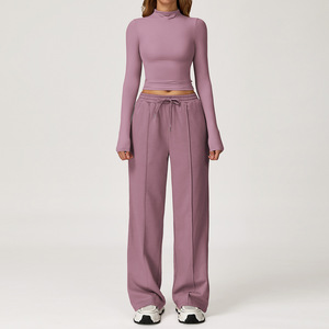 Ensemble de vêtements de sport pour femmes, automne-<span class=keywords><strong>hiver</strong></span>, haut à col haut à manches longues, pantalon de survêtement à jambes larges, vêtements de fitness, vêtements de course, logo personnalisé - Product Image 4