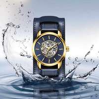Montre mécanique automatique pour homme avec bracelet en cuir véritable, cadran en verre, aiguilles, boîtier en métal - Design de mode unique