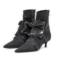 Bottines en jean à talons bas avec poches, style rétro, fermeture éclair arrière, pour femme