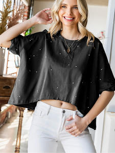 Couleur unie coton femmes demi-manches Western ourlet asymétrique Vintage col rond surmonté trous amples respirant court t-shirt - Product Image 3