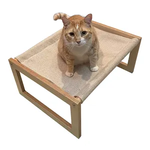 Wood Cat Hammock Bed Elevated Sleeping Chair with Wooden Frame Lifted Stand