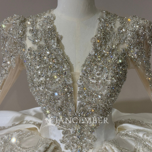 Xs316 Elegant Deep V Neck Crystal Beaded Baroque Scroll Applique Ivory Satin <b>Ball</b> <b>Gown</b> Wedding Dress For Church Jancember - Product Image 6