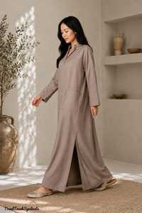 Womens Beige Linen Maxi <b>Kaftan</b> Short Sleeve V-neck A-Line Eco-Friendly Belt Robe Dress Side Slits Comfortable Regular Fit Party - Product Image 2
