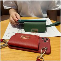 Casing dompet kulit PU klasik Retro, dompet kulit PU rantai leher tali Lanyard, casing lembut ponsel untuk iPhone 13 15 16 Pro XS Max plus untuk samsung s25