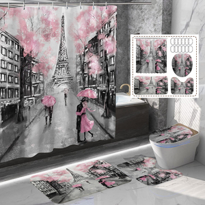 Ensemble de rideaux de <span class=keywords><strong>douche</strong></span> pour enfants personnalisés en tissu écologique, motif romantique Tour Eiffel de Paris, résistant à la moisissure, 180x200cm avec 12 crochets - Product Image 1