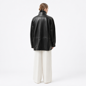 <span class=keywords><strong>Abrigo</strong></span> de piel de cordero encerada ligera Obsidian Black para mujer, estilo trench medio, con doble cuello, cintura fruncida, cremallera, cortavientos, teñido liso, para invierno, casual - Product Image 4