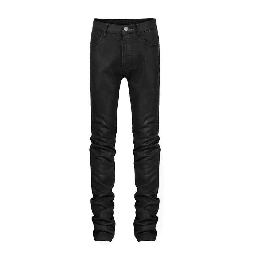 2024 mode personnalisé pantalon noir lavage enduit de cire coupe ajustée longue entrejambe hommes denim jeans