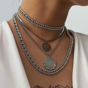 Set di 4 Collane con Ciondolo Rotondo Multistrato in Oro/Argento, Stile Hip Hop Esagerato, Catena Spessa Retrò - Product Image 5
