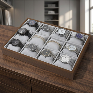 Wood Watch <b>Display</b> Tray 12 Slots Faux Suede Lined Rectangle Organizer Protective <b>Case</b> for Men Women Jewelry Storage - Product Image 4