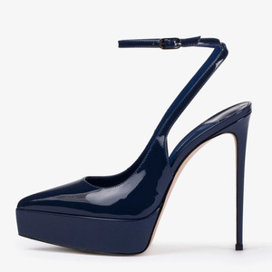 Sandales à plateforme épaisse en cuir verni pour femme, grande taille 45, coupe large, talons hauts fins, avec lanières de cheville, chaussures d'été à talon découpé - Product Image 4