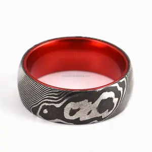 Gentdes Sieraden Heren Sieraden Damascus Stalen Koepel Trouwring Met Rood Aluminium Binnen Mooie Mannen Ringen