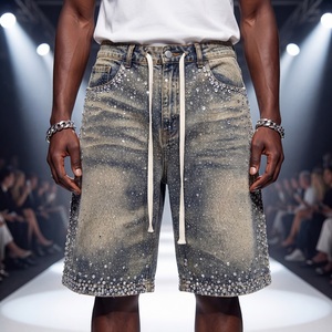 Shorts en jean cargo déchirés streetwear, style designer, personnalisés, Y2K, baggy, en denim, pour hommes, avec strass - Product Image 1