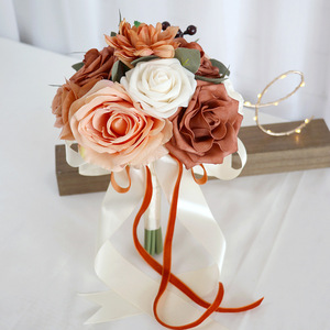 Automne Orange <span class=keywords><strong>Champagne</strong></span> Soie Artificielle <span class=keywords><strong>Demoiselle</strong></span> D'honneur Fleurs Bouquet pour Mariage, Mariage Bourgogne Rose Bouquets pour Demoiselles D'honneur - Product Image 5