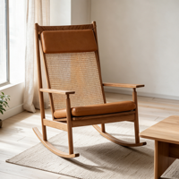 Fauteuil à bascule en rotin minimaliste nordique |   Fauteuil à bascule en bois massif tressé pour salon, balcon et extérieur, siège confortable et relaxant