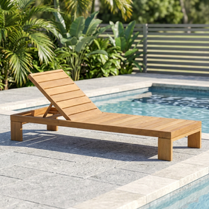 Chaise longue de jardin en teck minimaliste moderne sans accoudoirs avec dossier à lattes, lit de soleil inclinable pour patio - Product Image 3