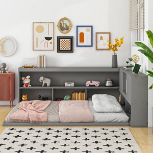 Lit convertible moderne en bois gris écologique HR, taille double, <span class=keywords><strong>avec</strong></span> étagères de <span class=keywords><strong>rangement</strong></span>, lit <span class=keywords><strong>gigogne</strong></span> multifonctionnel, bureau d'étude pour enfants - Product Image 2