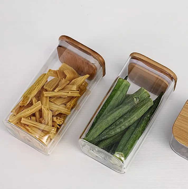 Jerrycans Deksel Voor Keukenopslagpot Ontwerp Vierkant Glas Met Bamboe Nieuw Voedsel Handgemaakt Kleurendoos Heldere Kleur