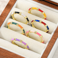 JS19 Verguld Kleurrijk Emaille Bamboe Ring met Verbindende Kleuren, Stapelbaar, Dames Mode Ring